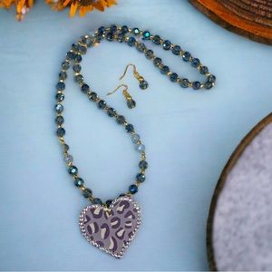 Blue leopard heart necklace and earring set
